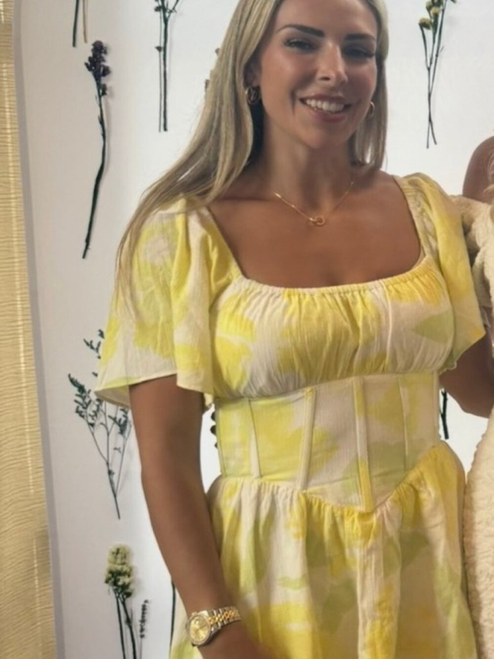 Sabo Yellow Floral Corset Mini Dress Puff Sleeve — Size S